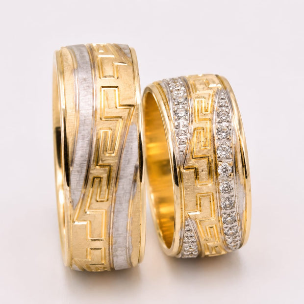 14K Gold Wedding Bands | Two-Tone Greek Key & Zirconia His & Hers