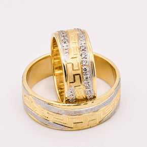 14K Gold Wedding Bands | Two-Tone Greek Key & Zirconia His & Hers