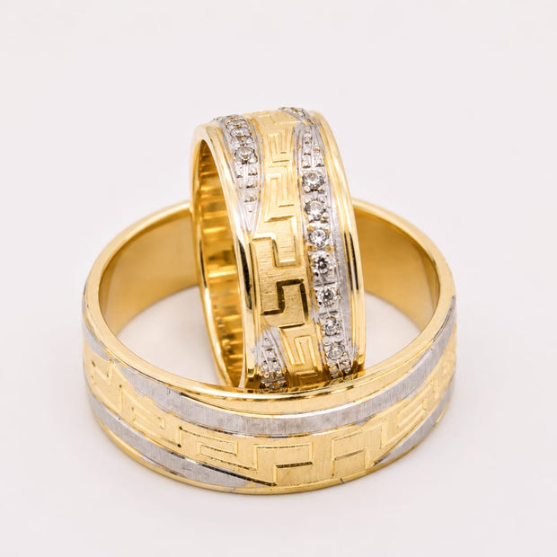 14K Gold Wedding Bands | Two-Tone Greek Key & Zirconia His & Hers