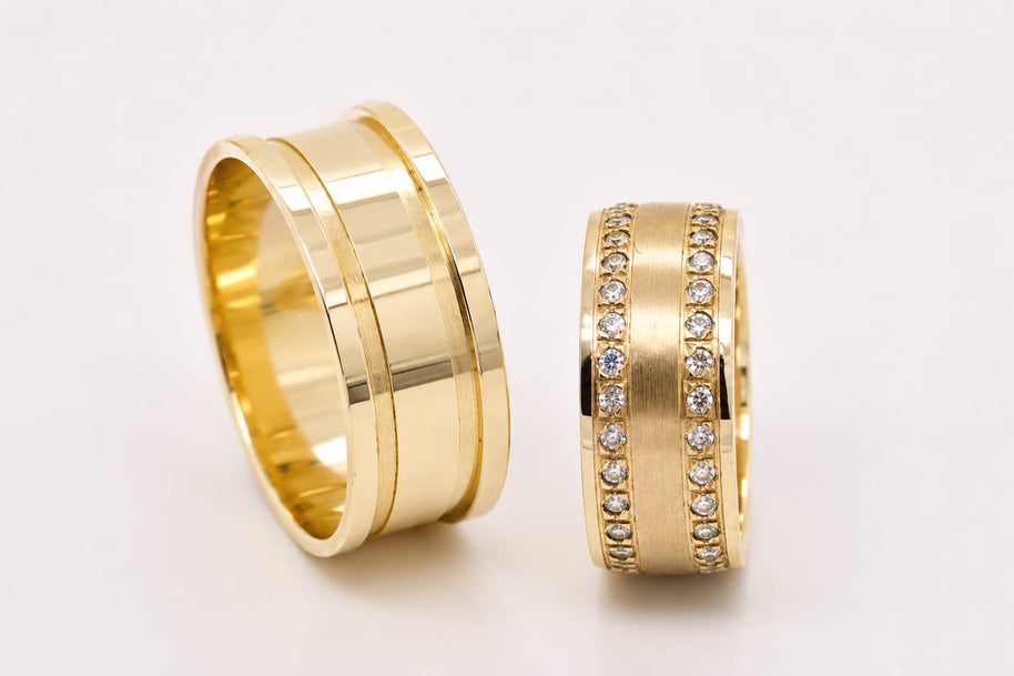 14K Gold Wedding Bands | Polished & Double Zirconia Row His & Hers