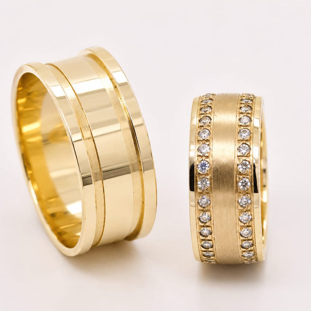 14K Gold Wedding Bands | Polished & Double Zirconia Row His & Hers