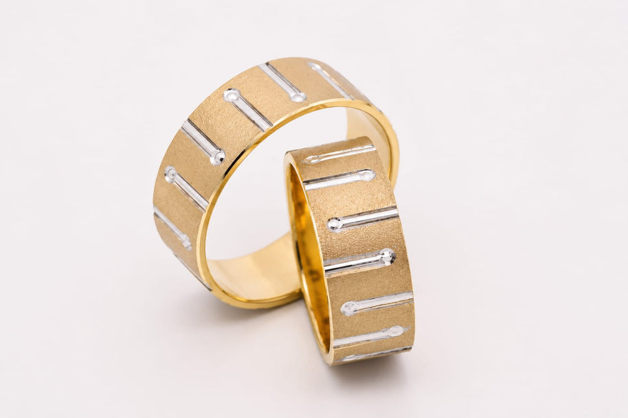 14K Gold Wedding Bands | Two-Tone Matte Finish & White Gold Bar Detail His & Hers