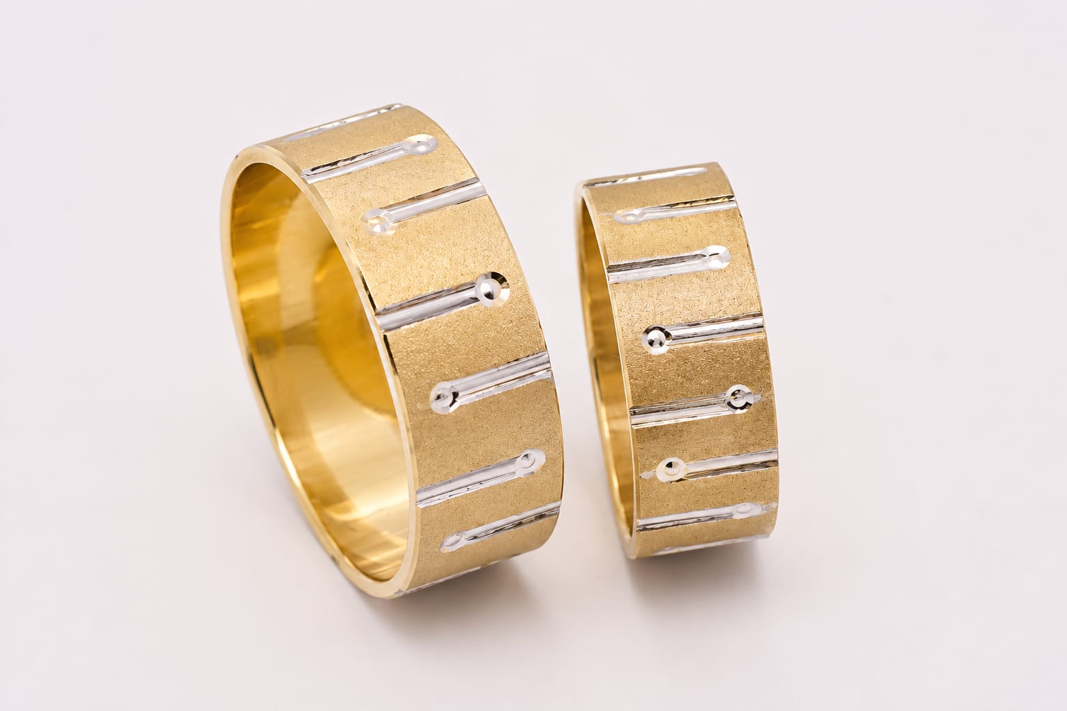 14K Gold Wedding Bands | Two-Tone Matte Finish & White Gold Bar Detail His & Hers