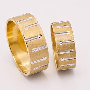 14K Gold Wedding Bands | Two-Tone Matte Finish & White Gold Bar Detail His & Hers