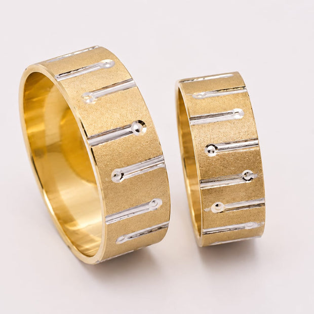 14K Gold Wedding Bands | Two-Tone Matte Finish & White Gold Bar Detail His & Hers