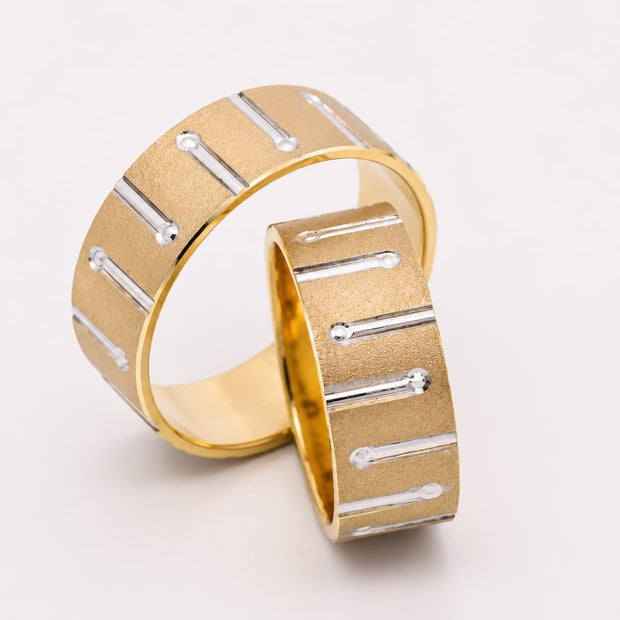 14K Gold Wedding Bands | Two-Tone Matte Finish & White Gold Bar Detail His & Hers