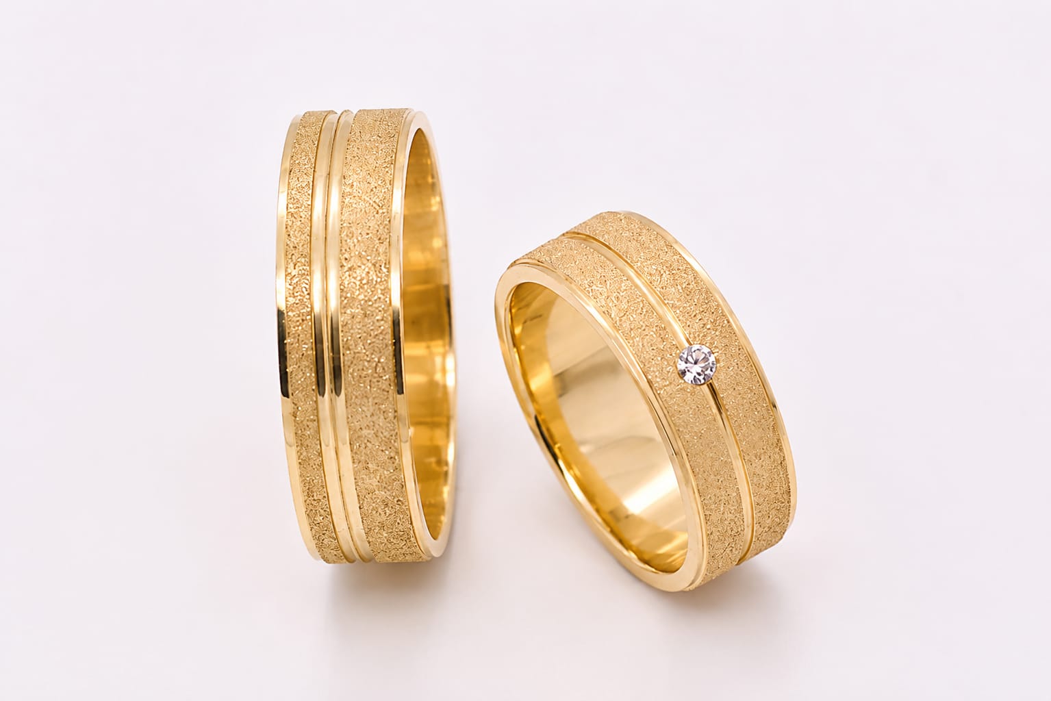 14K Gold Wedding Bands | Textured Finish & Diamond Solitaire His & Hers