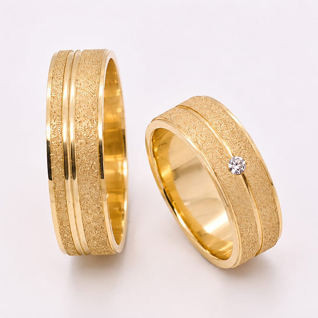 14K Gold Wedding Bands | Textured Finish & Diamond Solitaire His & Hers