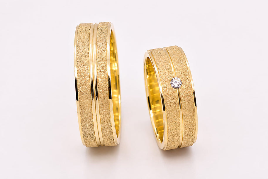 14K Gold Wedding Bands | Textured Finish & Diamond Solitaire His & Hers