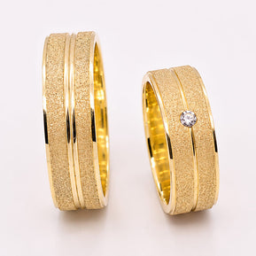 14K Gold Wedding Bands | Textured Finish & Diamond Solitaire His & Hers