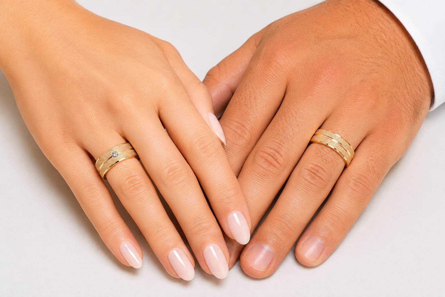 14K Gold Wedding Bands | Textured Finish & Diamond Solitaire His & Hers