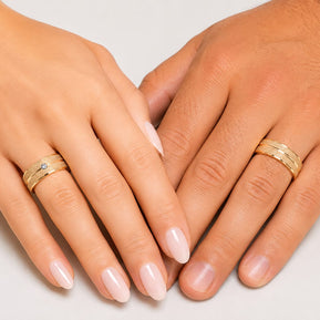 14K Gold Wedding Bands | Textured Finish & Diamond Solitaire His & Hers