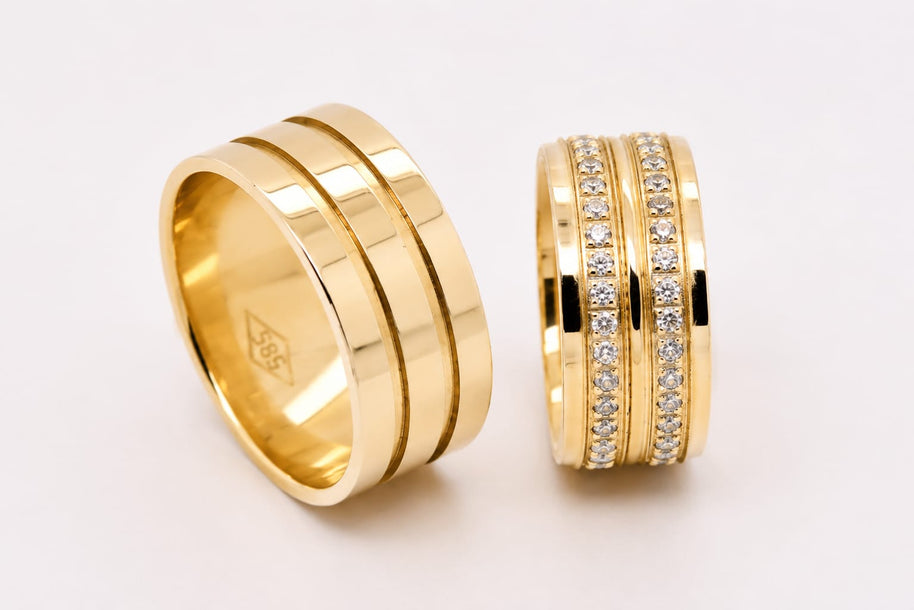 14K Gold Wedding Bands | Polished & Diamond Set His & Hers