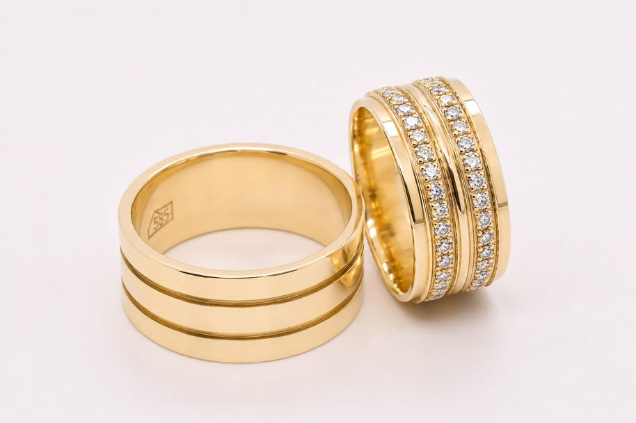 14K Gold Wedding Bands | Polished & Diamond Set His & Hers
