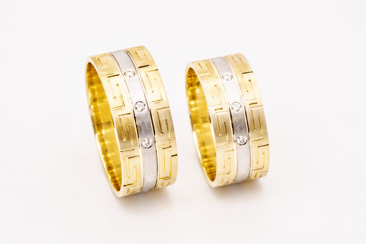 14K Gold Wedding Bands | Two-Tone Greek Key Diamond Set