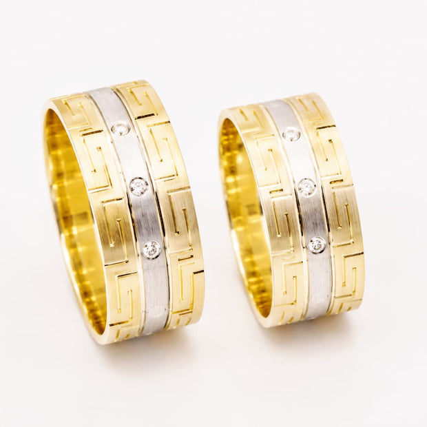 14K Gold Wedding Bands | Two-Tone Greek Key Diamond Set