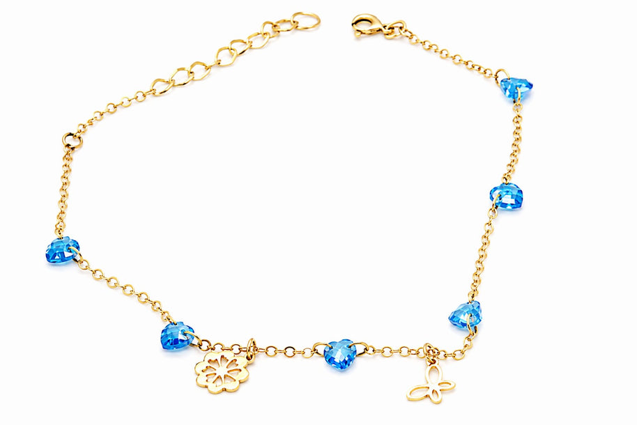 14K Gold Blue Heart Anklet