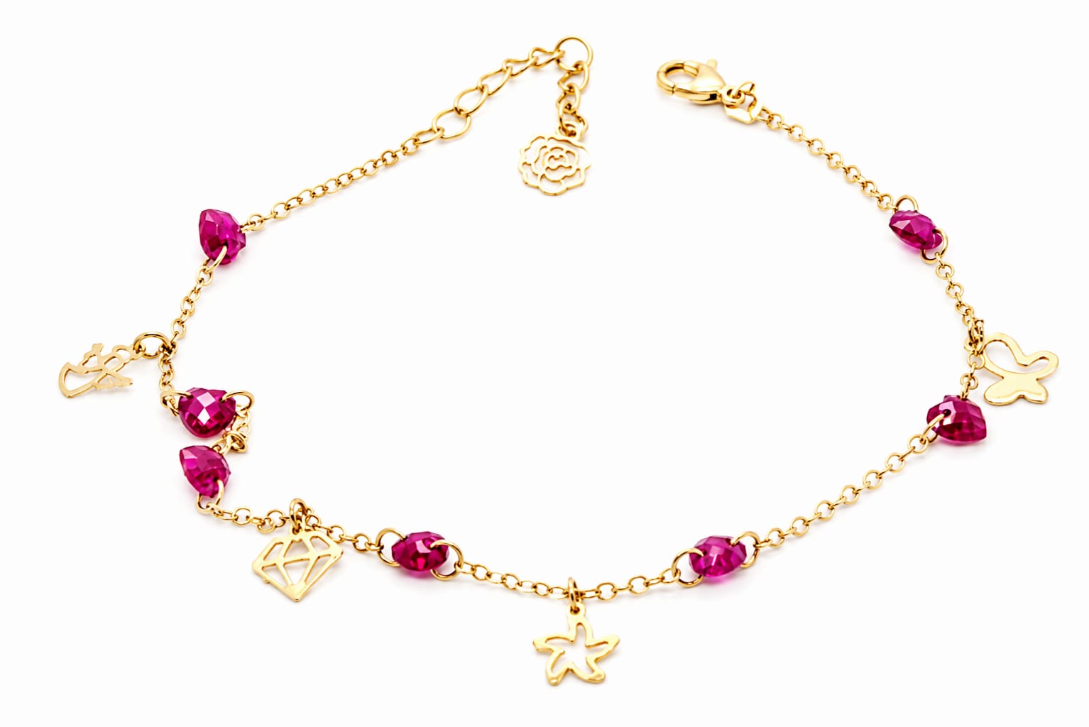 14K Gold Pink Crystal Anklet with Charms