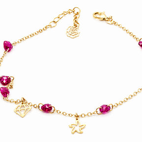 14K Gold Pink Crystal Anklet with Charms
