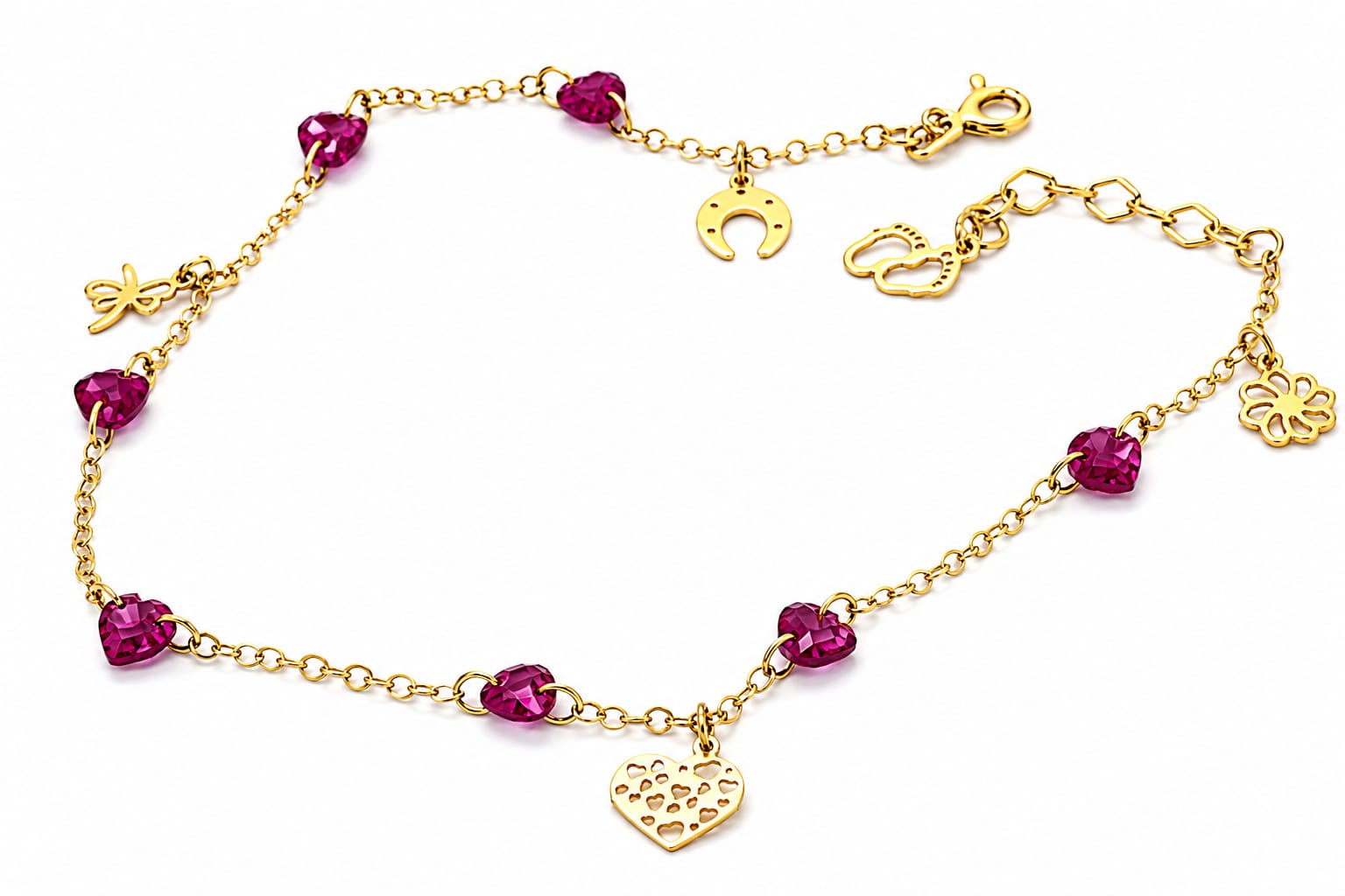 14K Gold Fuchsia Heart Crystal Charm Anklet