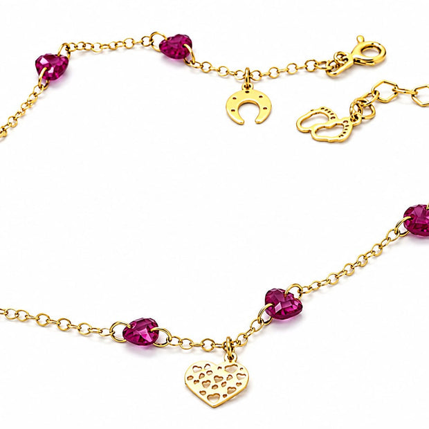 14K Gold Fuchsia Heart Crystal Charm Anklet