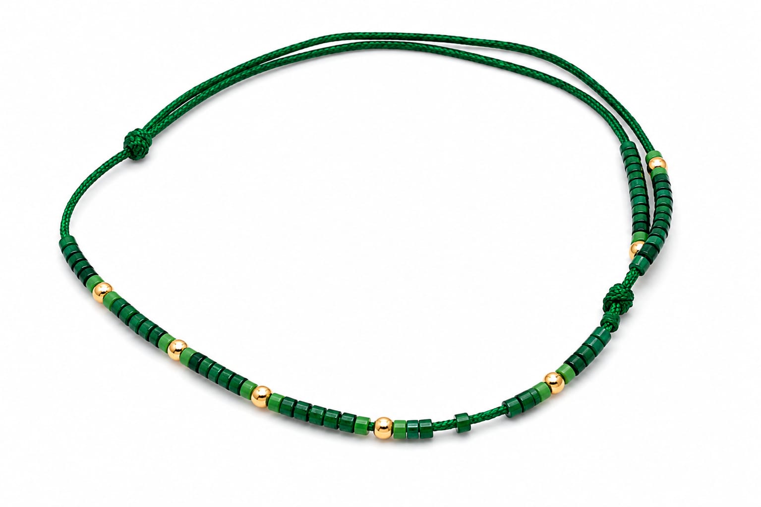 14K Gold Bead Green Cord Double Strand Anklet