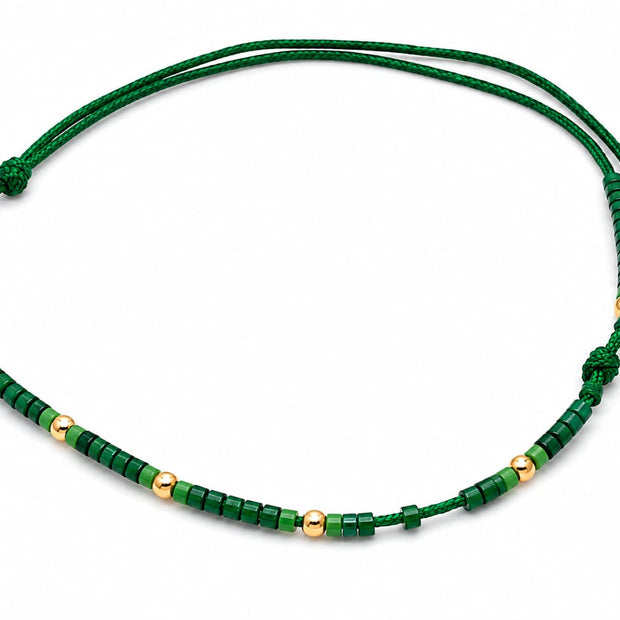 14K Gold Bead Green Cord Double Strand Anklet