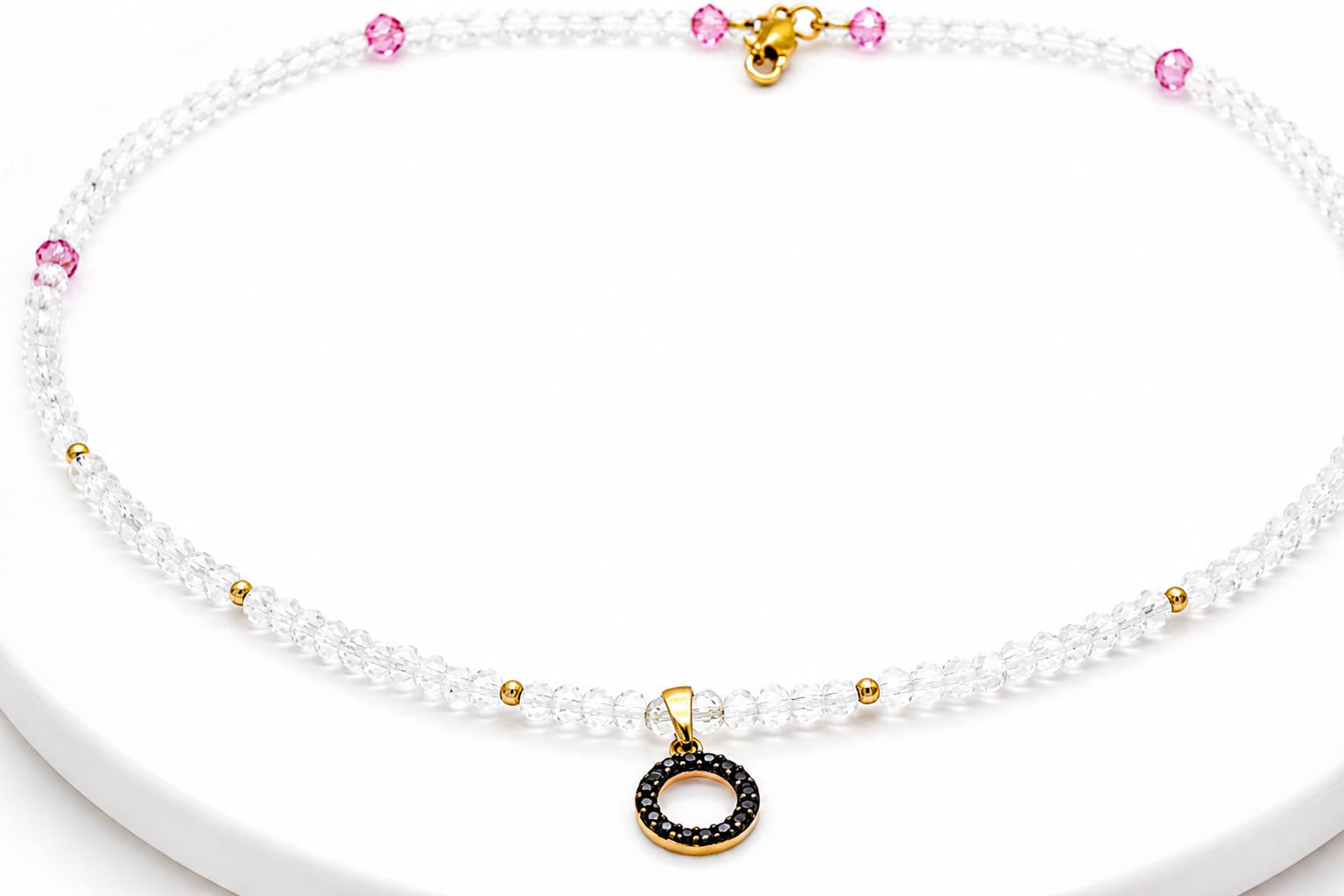 Crystal & Pink Bead Necklace with Black Zirconia Circle Pendant