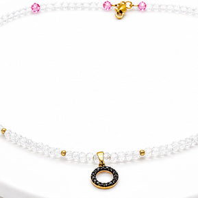 Crystal & Pink Bead Necklace with Black Zirconia Circle Pendant