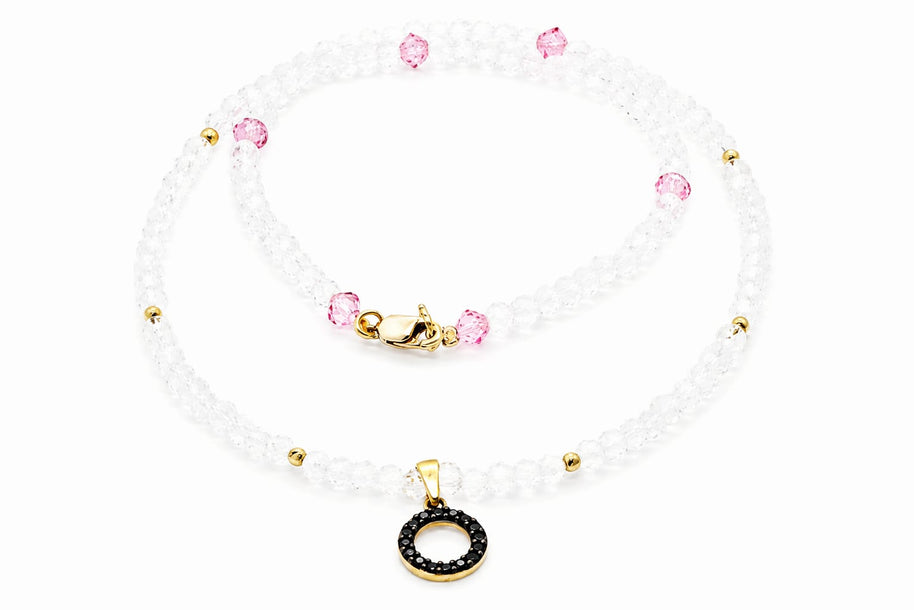 Crystal & Pink Bead Necklace with Black Zirconia Circle Pendant
