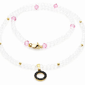 Crystal & Pink Bead Necklace with Black Zirconia Circle Pendant