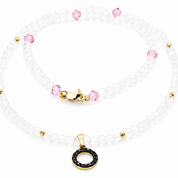 Crystal & Pink Bead Necklace with Black Zirconia Circle Pendant