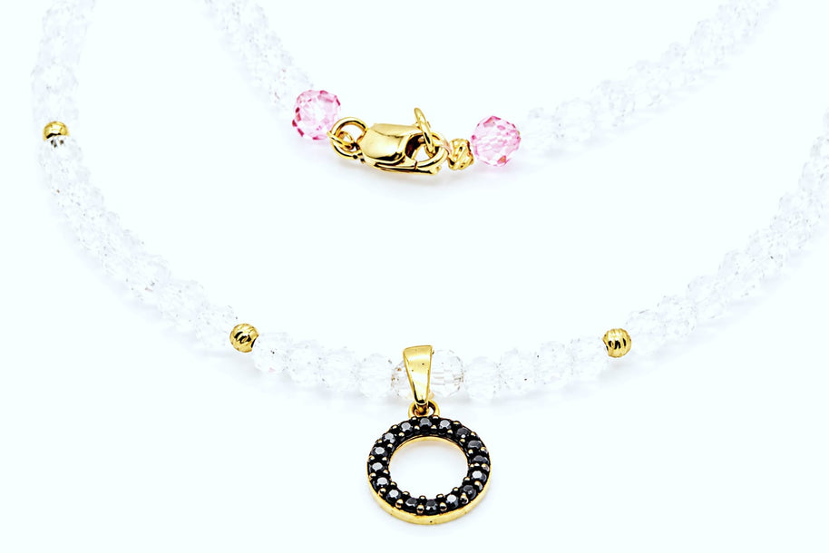 Crystal & Pink Bead Necklace with Black Zirconia Circle Pendant