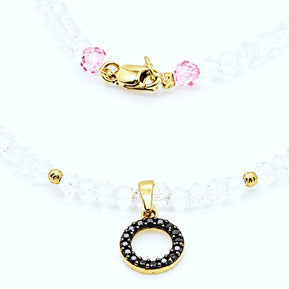 Crystal & Pink Bead Necklace with Black Zirconia Circle Pendant
