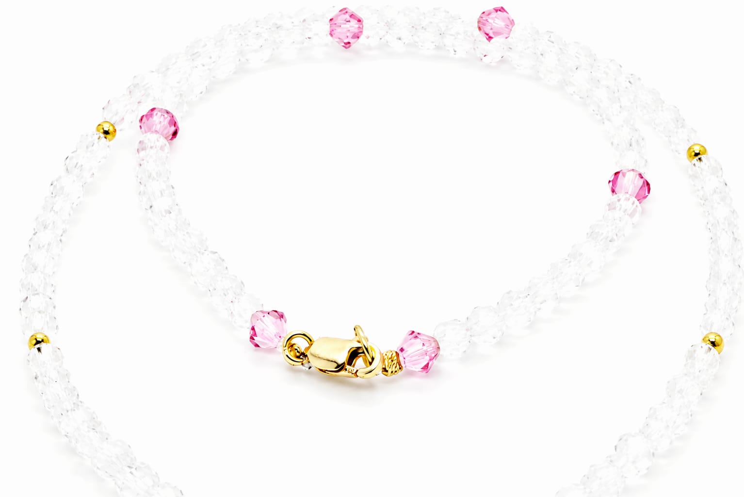 Crystal & Pink Bead Necklace with Black Zirconia Circle Pendant
