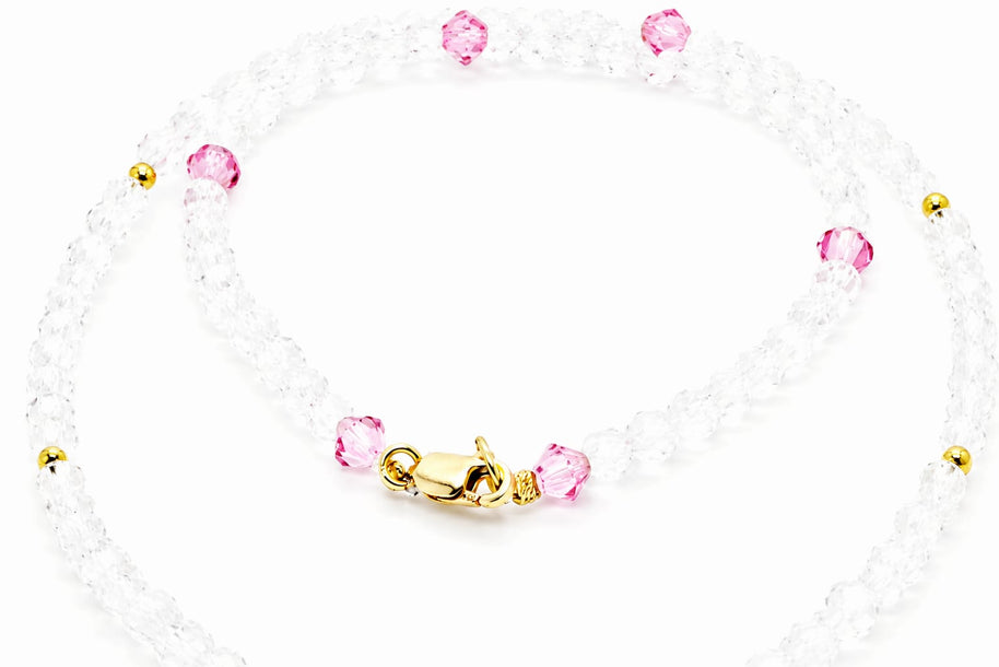 Crystal & Pink Bead Necklace with Black Zirconia Circle Pendant