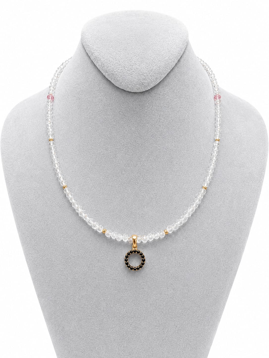 Crystal & Pink Bead Necklace with Black Zirconia Circle Pendant