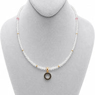 Crystal & Pink Bead Necklace with Black Zirconia Circle Pendant
