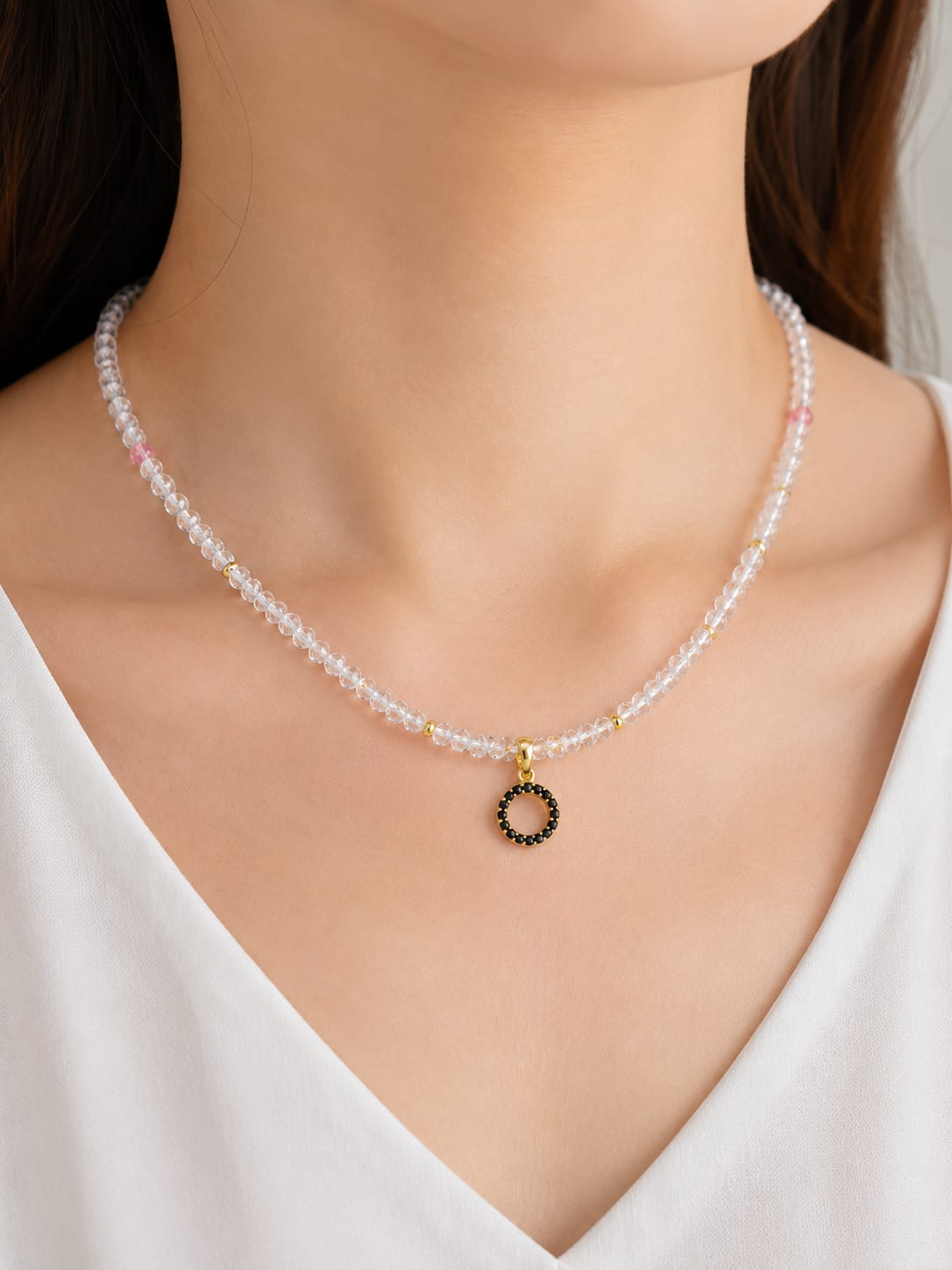 Crystal & Pink Bead Necklace with Black Zirconia Circle Pendant