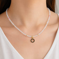 Crystal & Pink Bead Necklace with Black Zirconia Circle Pendant