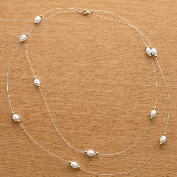 Floating Freshwater Pearl & 14k Gold Bead Illusion Necklace