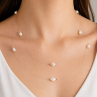 Floating Freshwater Pearl & 14k Gold Bead Illusion Necklace