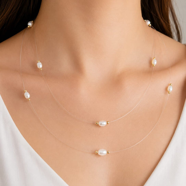 Floating Freshwater Pearl & 14k Gold Bead Illusion Necklace