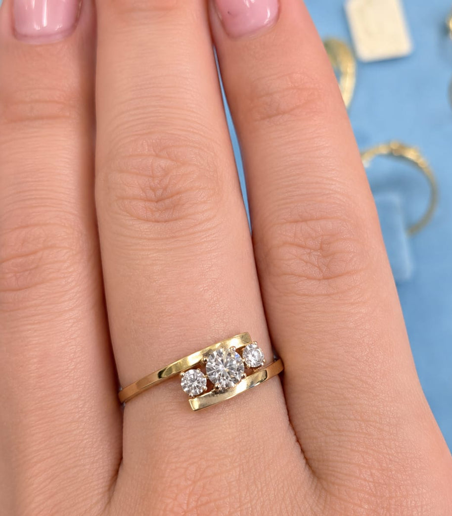 14K Gold Three-Stone Cubic Zirconia Ring