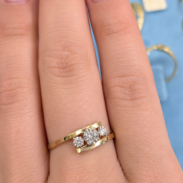 14K Gold Three-Stone Cubic Zirconia Ring