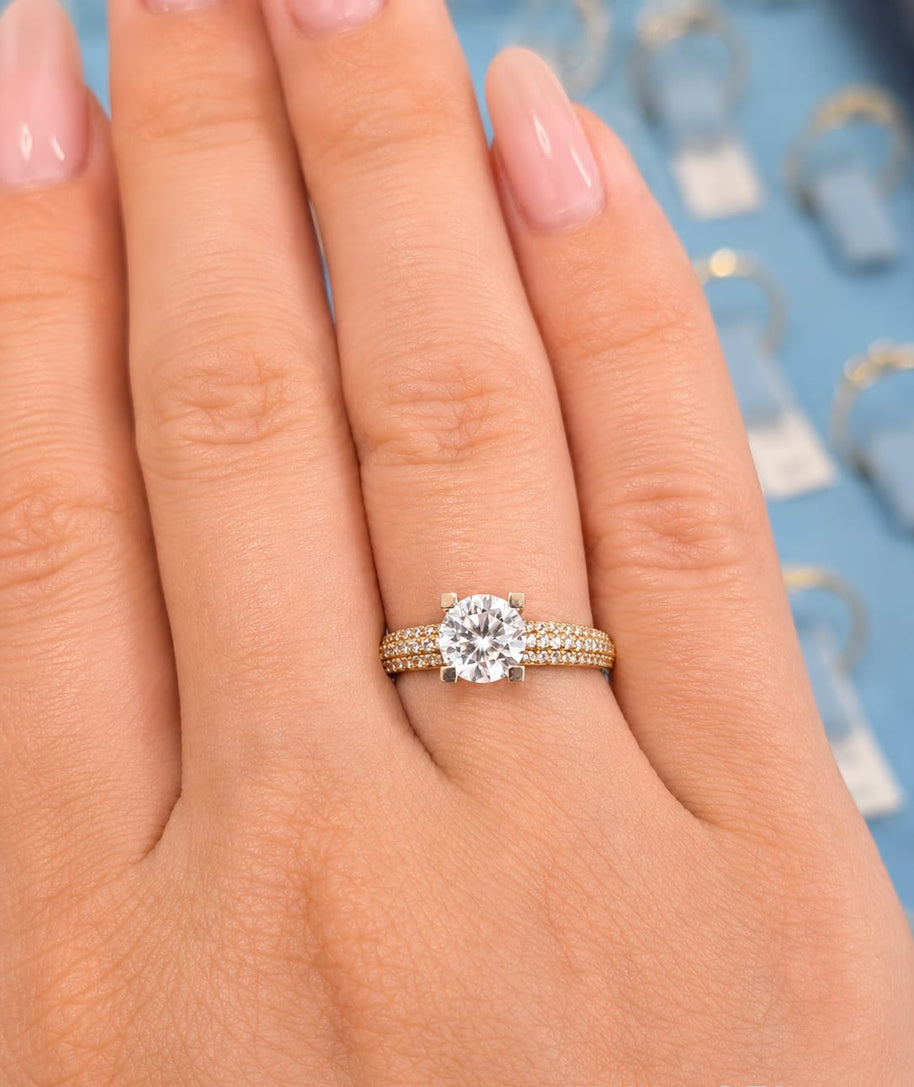 14K Gold CZ Solitaire Ring with Pavé Band