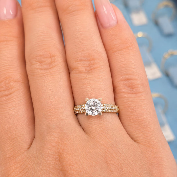 14K Gold CZ Solitaire Ring with Pavé Band