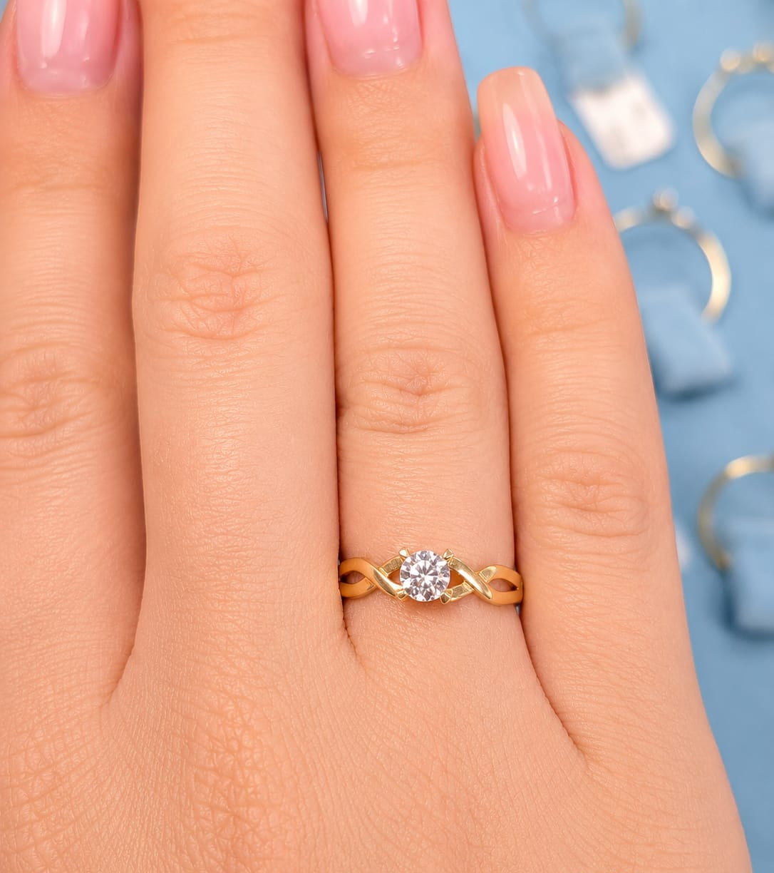 14K Gold Twisted Band CZ Solitaire Ring