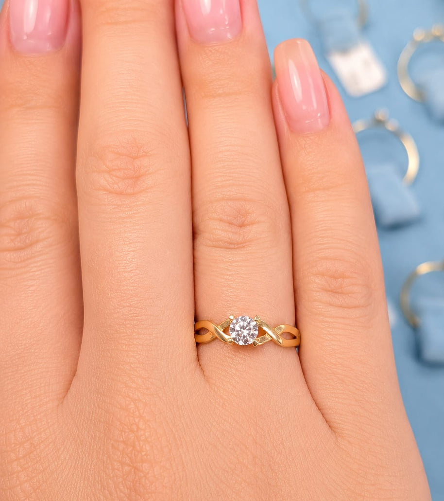 14K Gold Twisted Band CZ Solitaire Ring