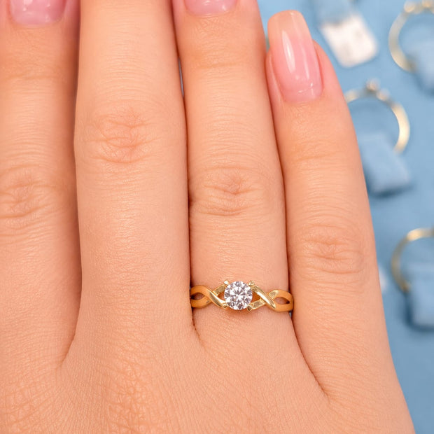 14K Gold Twisted Band CZ Solitaire Ring